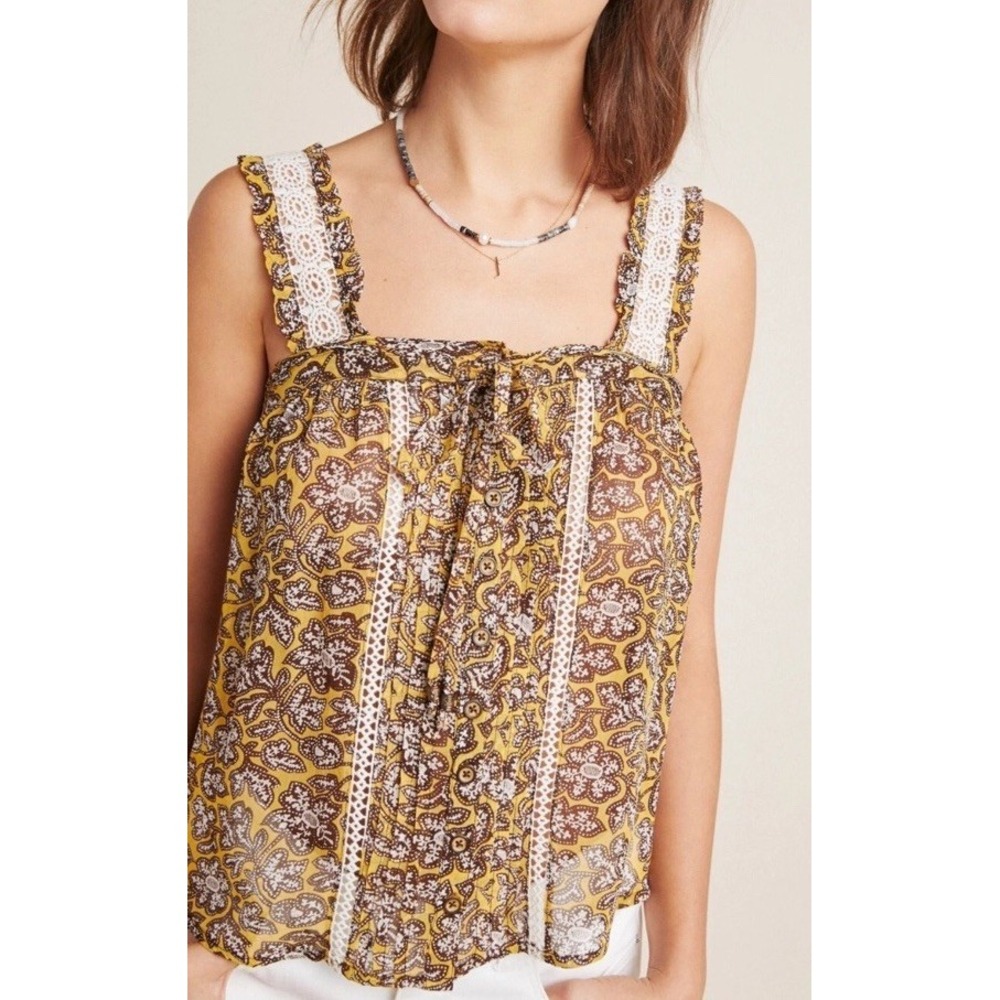 New by‎ Anthropologie Bardot Blouse Size 0 Yellow Brown Floral Crochet Lace